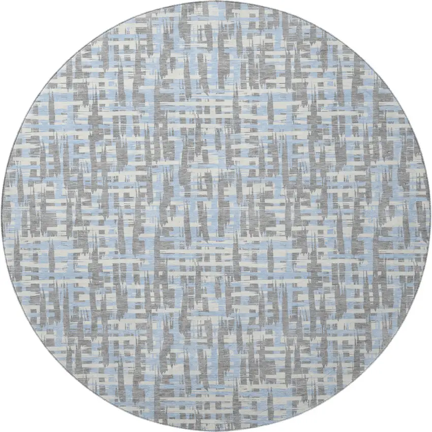 8' Silver Sky Blue And Ivory Abstract Geometric Washable Round Rug With UV Protection Photo 3