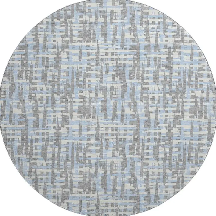 8' Silver Sky Blue And Ivory Abstract Geometric Washable Round Rug With UV Protection Photo 2