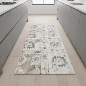 Photo of 8' Silver Taupe And Black Floral Distressed Runner Rug