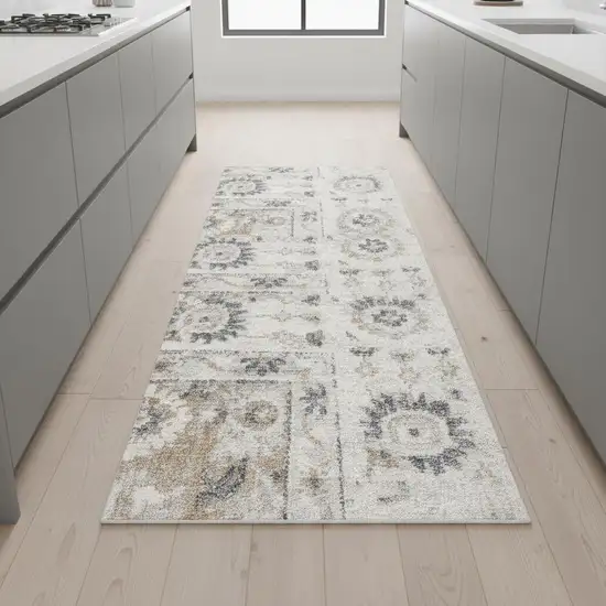 8' Silver Taupe And Black Floral Distressed Runner Rug Photo 1