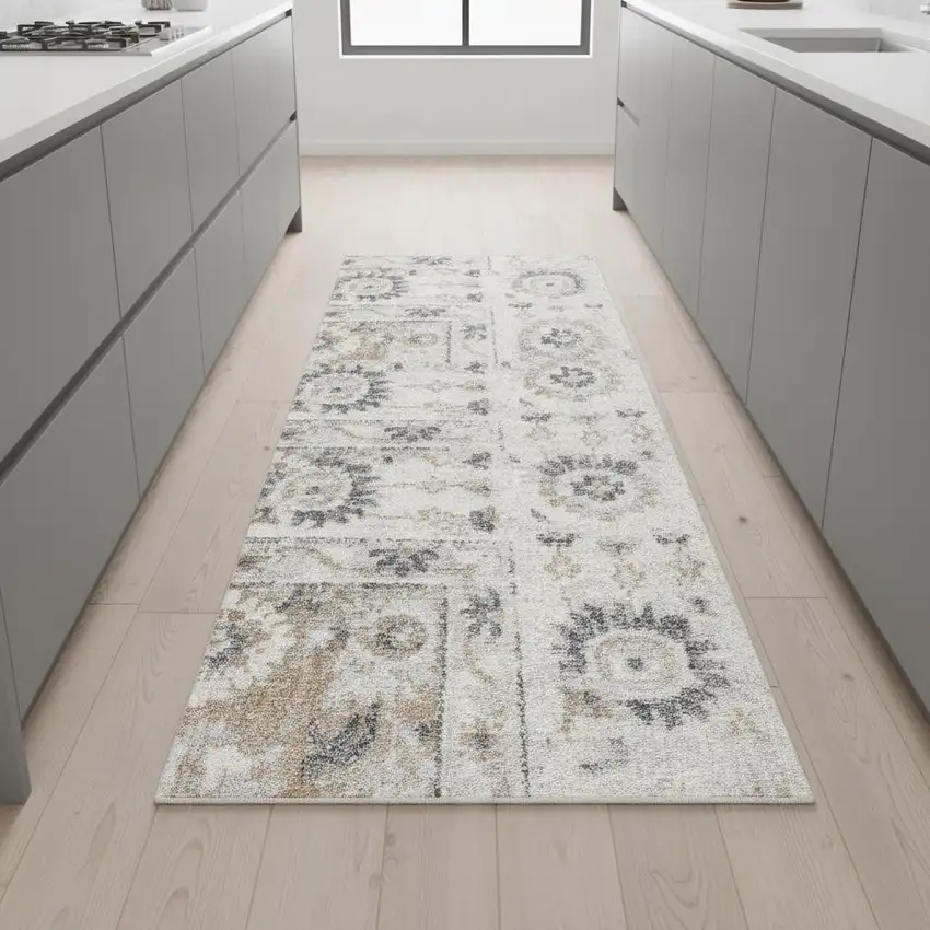 8' Silver Taupe And Black Floral Distressed Runner Rug Photo 1