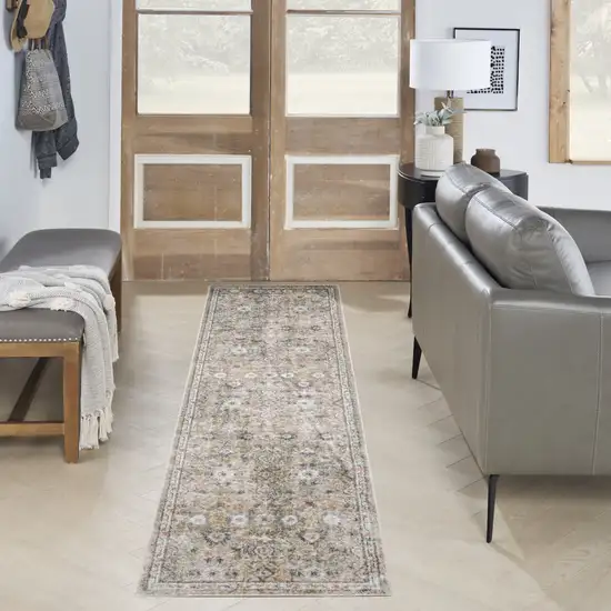 8' Silver Taupe And Black Floral Distressed Runner Rug Photo 5