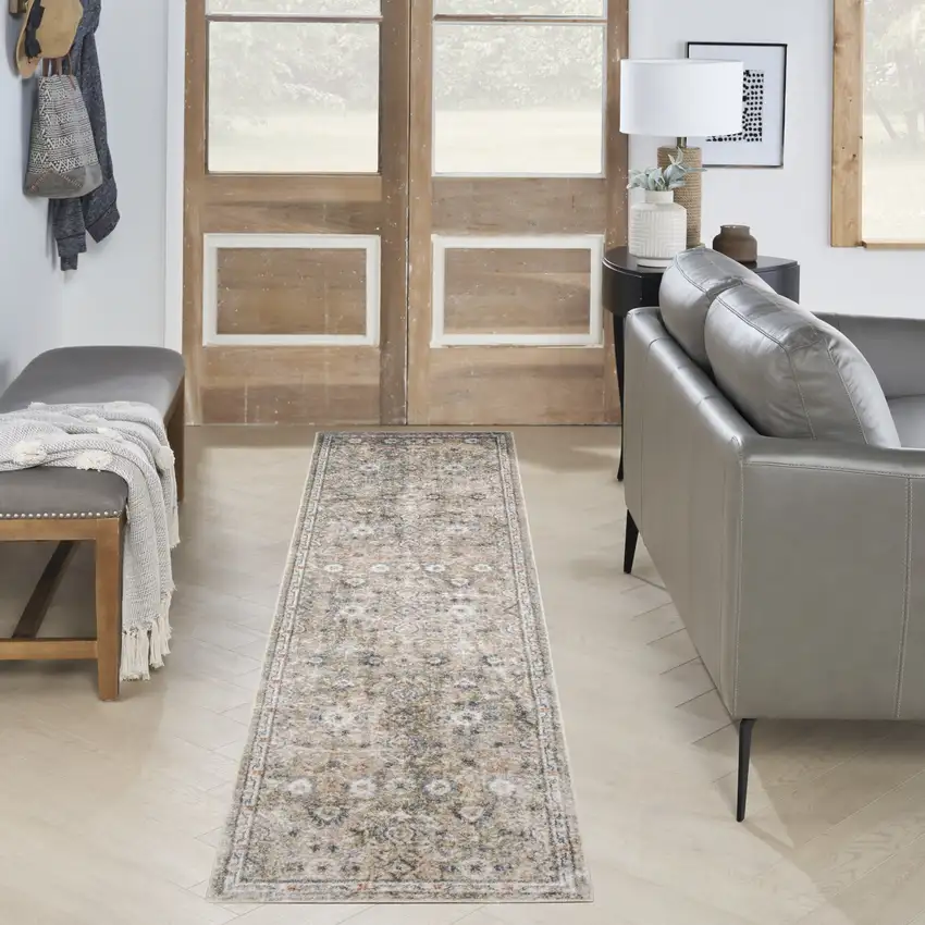 8' Silver Taupe And Black Floral Distressed Runner Rug Photo 5