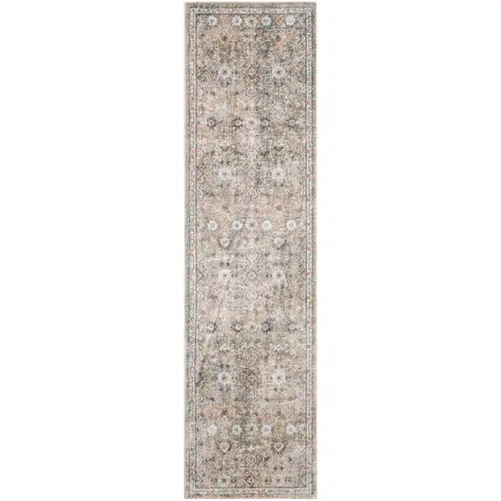 8' Silver Taupe And Black Floral Distressed Runner Rug Photo 9