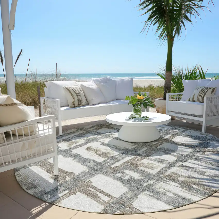 8' Silver Taupe And Gray Round Striped Washable Indoor Outdoor Area Rug Photo 6