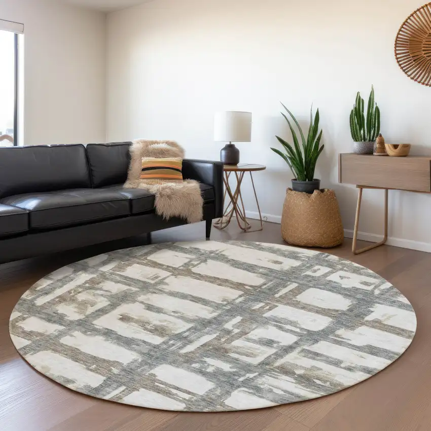 8' Silver Taupe And Gray Round Striped Washable Indoor Outdoor Area Rug Photo 7