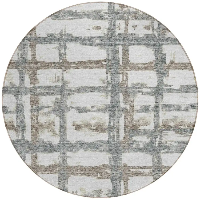 8' Silver Taupe And Gray Round Striped Washable Indoor Outdoor Area Rug Photo 5