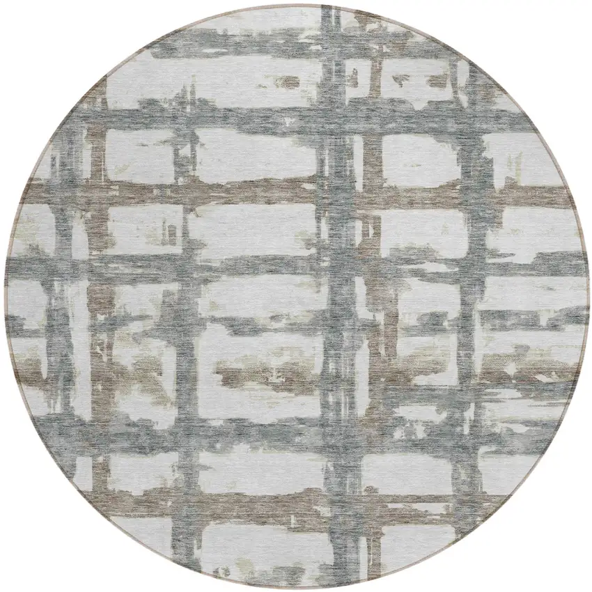 8' Silver Taupe And Gray Round Striped Washable Indoor Outdoor Area Rug Photo 1