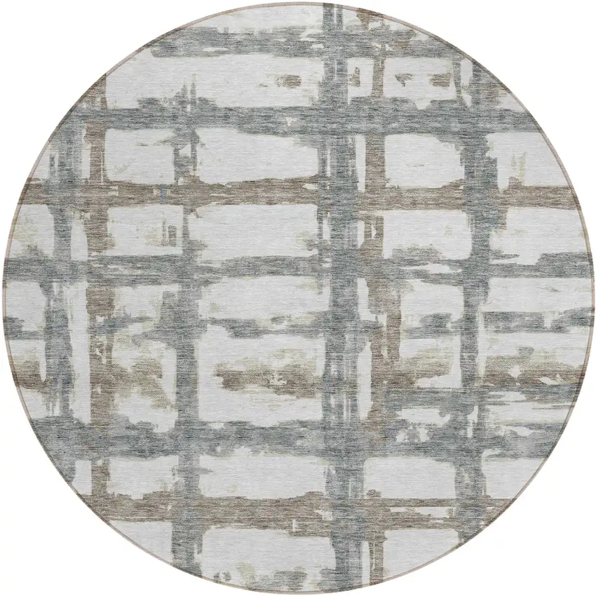 8' Silver Taupe And Gray Round Striped Washable Indoor Outdoor Area Rug Photo 1