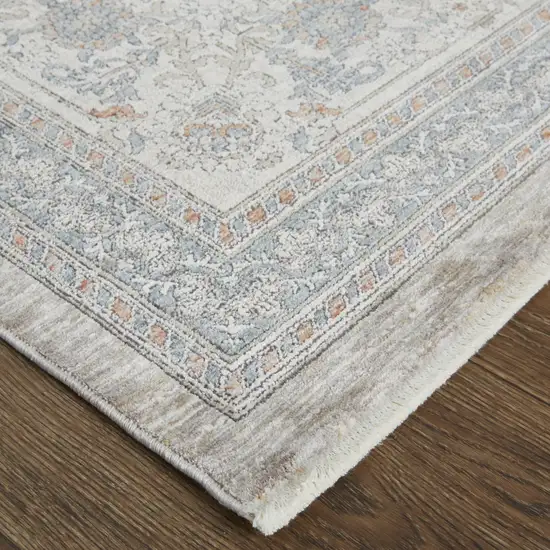 8' Silver Taupe and Blue Oriental Power Loom Worn Faded Runner Rug With Fringe Photo 4