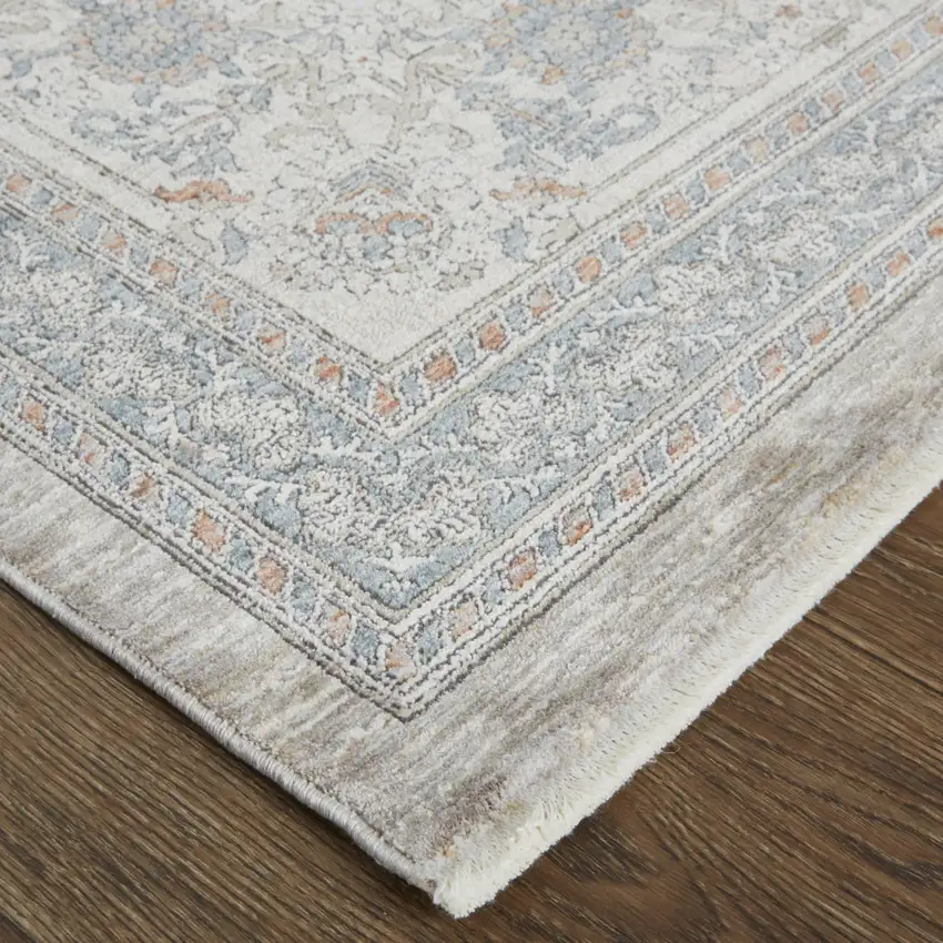 8' Silver Taupe and Blue Oriental Power Loom Worn Faded Runner Rug With Fringe Photo 4