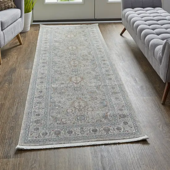 8' Silver Taupe and Blue Oriental Power Loom Worn Faded Runner Rug With Fringe Photo 6