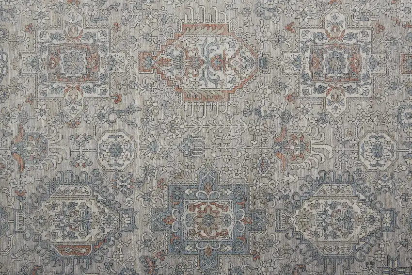 8' Silver Taupe and Blue Oriental Power Loom Worn Faded Runner Rug With Fringe Photo 7