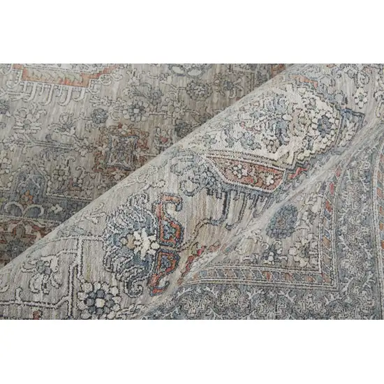 8' Silver Taupe and Blue Oriental Power Loom Worn Faded Runner Rug With Fringe Photo 8