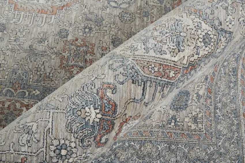 8' Silver Taupe and Blue Oriental Power Loom Worn Faded Runner Rug With Fringe Photo 8