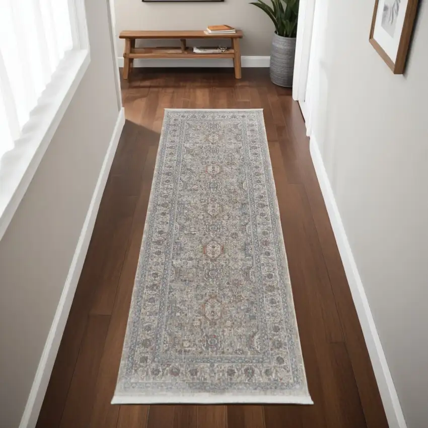8' Silver Taupe and Blue Oriental Power Loom Worn Faded Runner Rug With Fringe Photo 1