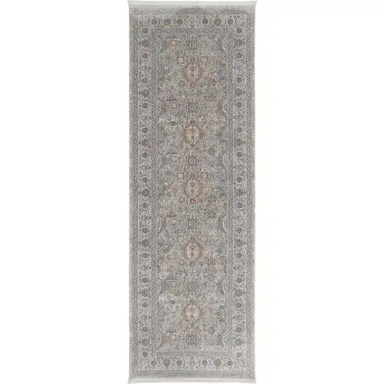 8' Silver Taupe and Blue Oriental Power Loom Worn Faded Runner Rug With Fringe Photo 2