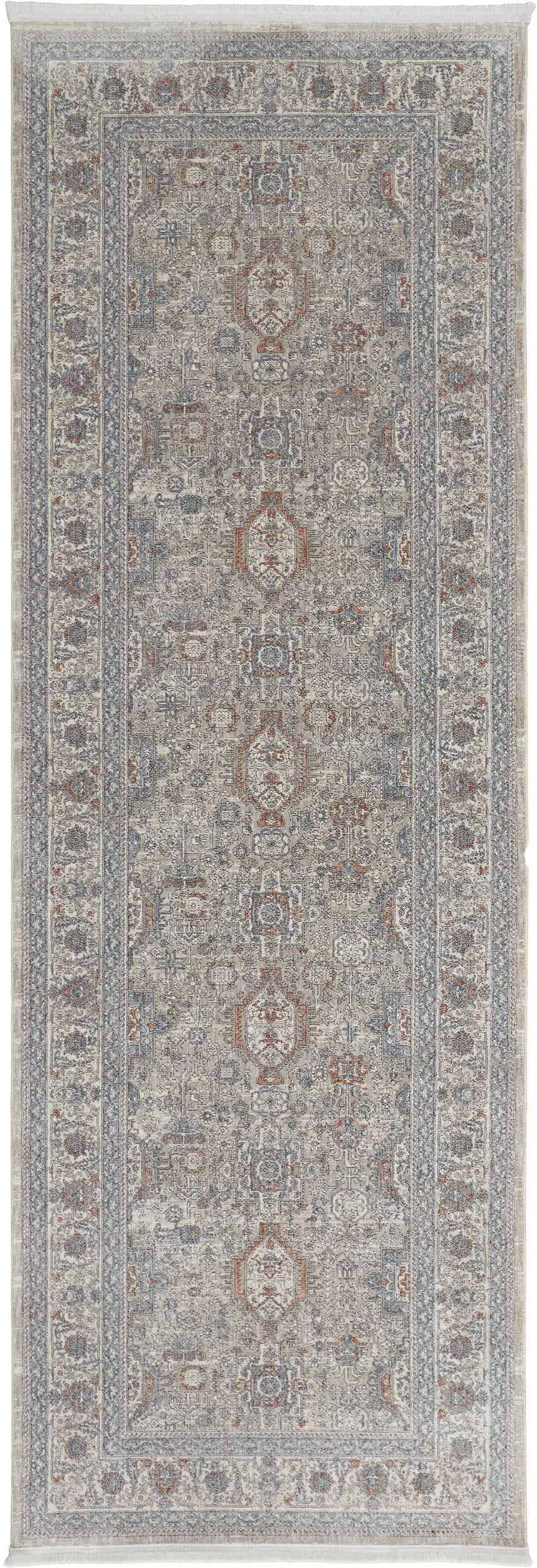 8' Silver Taupe and Blue Oriental Power Loom Worn Faded Runner Rug With Fringe Photo 2