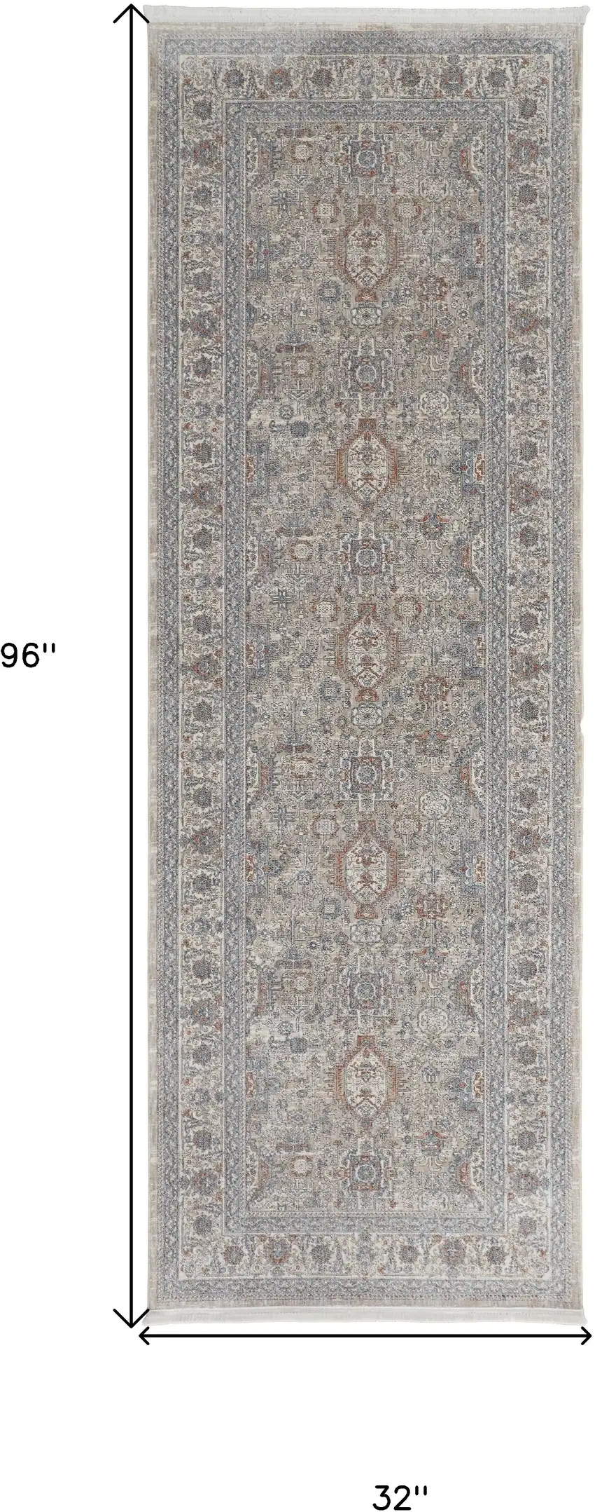 8' Silver Taupe and Blue Oriental Power Loom Worn Faded Runner Rug With Fringe Photo 3