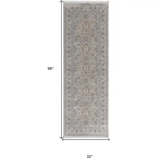 8' Silver Taupe and Blue Oriental Power Loom Worn Faded Runner Rug With Fringe Photo 3