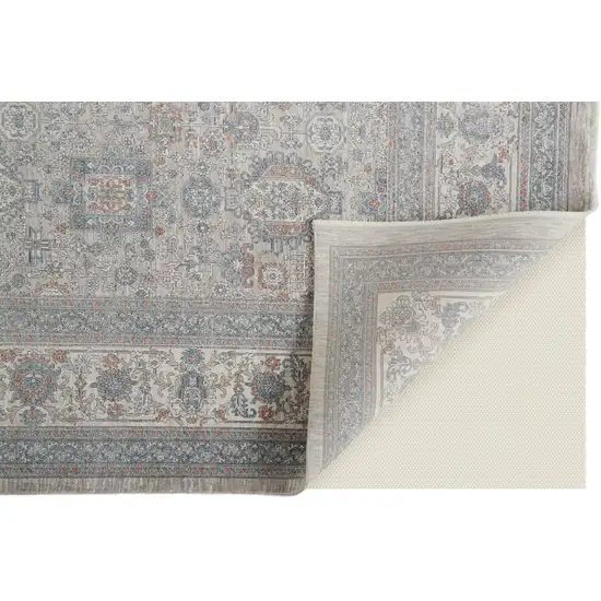 8' Silver Taupe and Blue Oriental Power Loom Worn Faded Runner Rug With Fringe Photo 4