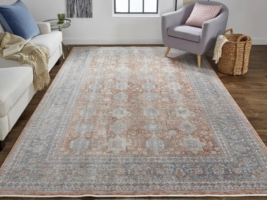 8' Silver Taupe and Blue Oriental Power Loom Worn Faded Runner Rug With Fringe Photo 5