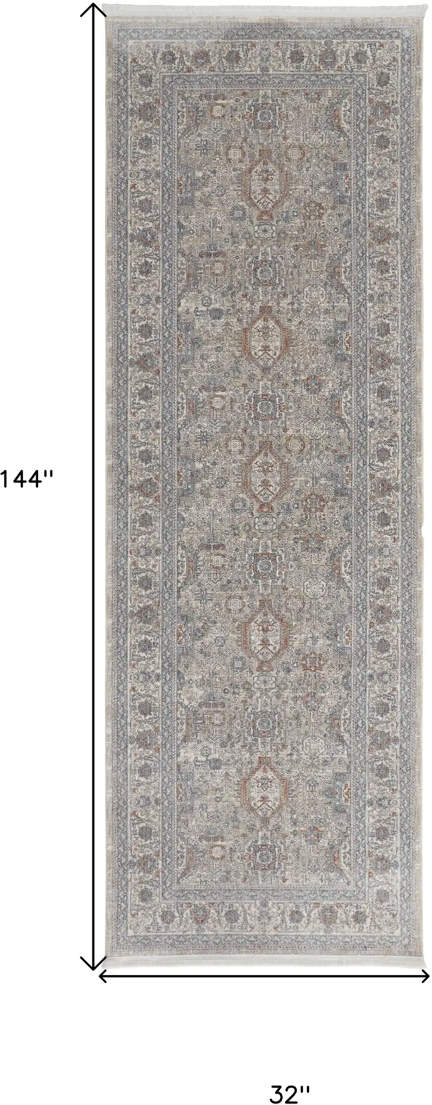 12' Silver Taupe and Blue Oriental Power Loom Worn Faded Runner Rug With Fringe Photo 3