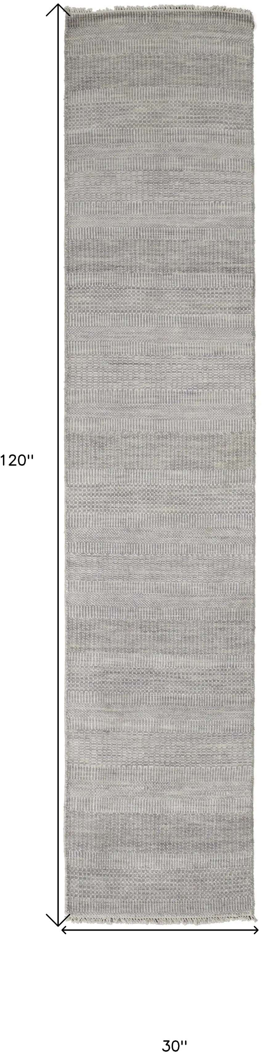 10' Silver Wool Striped Hand Knotted Runner Rug Photo 6