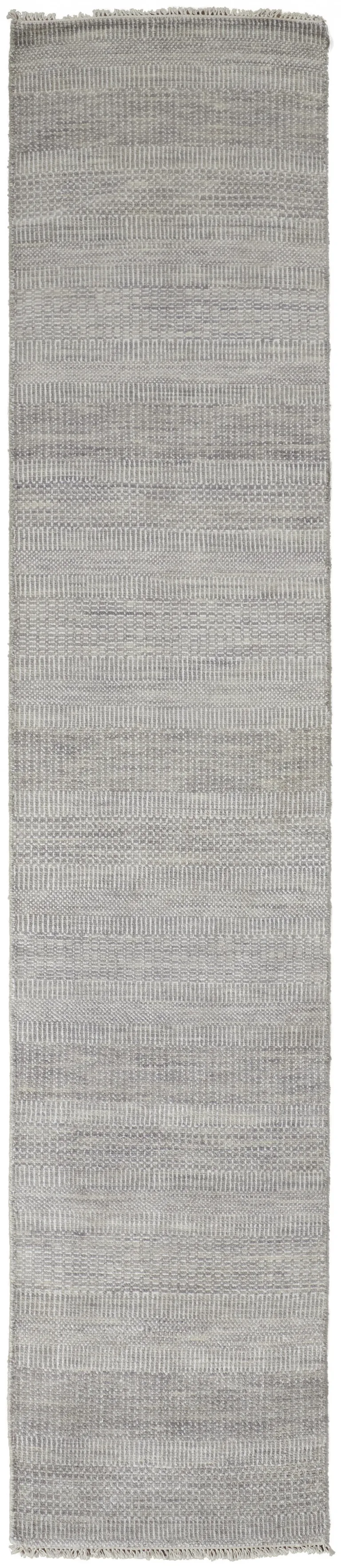 10' Silver Wool Striped Hand Knotted Runner Rug Photo 1