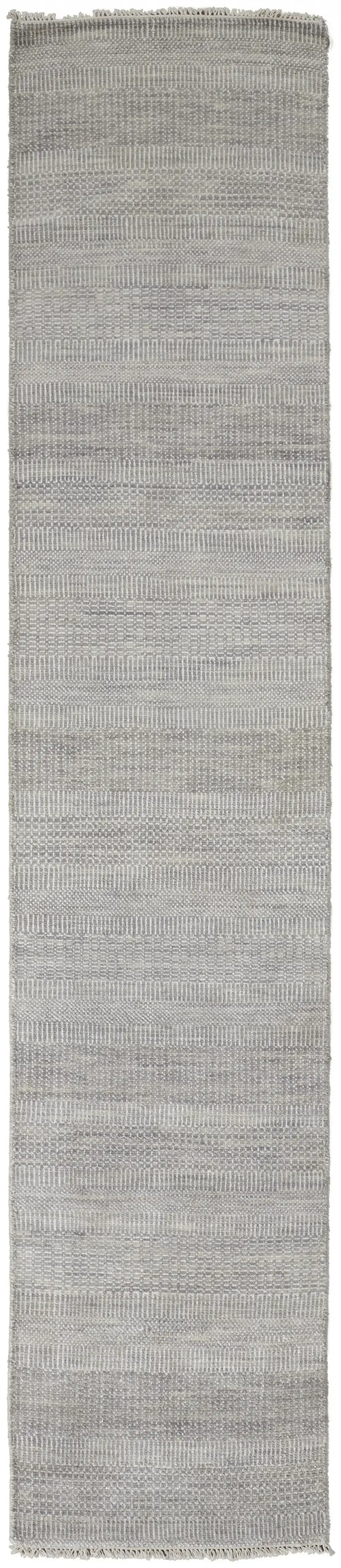 10' Silver Wool Striped Hand Knotted Runner Rug Photo 1
