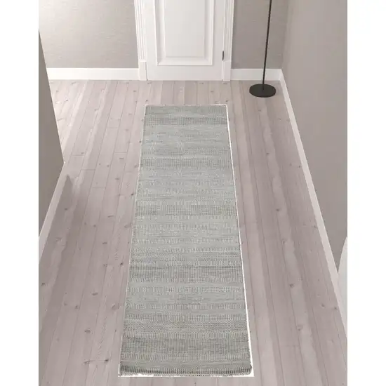 10' Silver Wool Striped Hand Knotted Runner Rug Photo 2