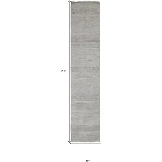 12' Silver Wool Striped Hand Knotted Runner Rug Photo 4