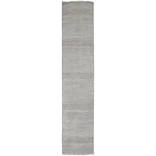 12' Silver Wool Striped Hand Knotted Runner Rug Photo 1