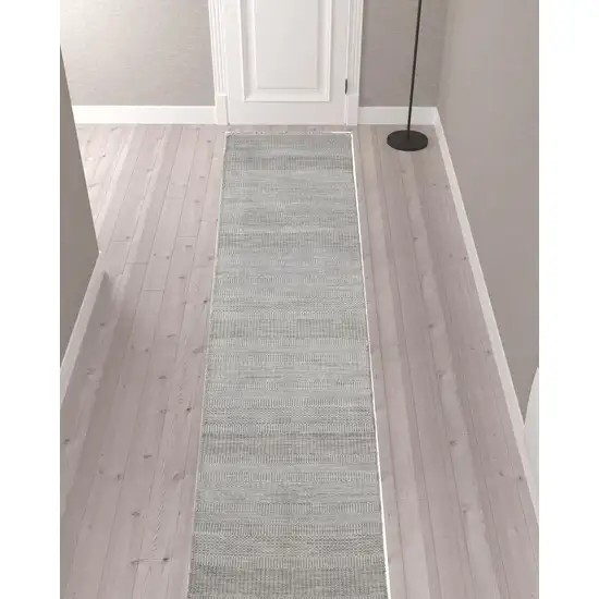 12' Silver Wool Striped Hand Knotted Runner Rug Photo 2
