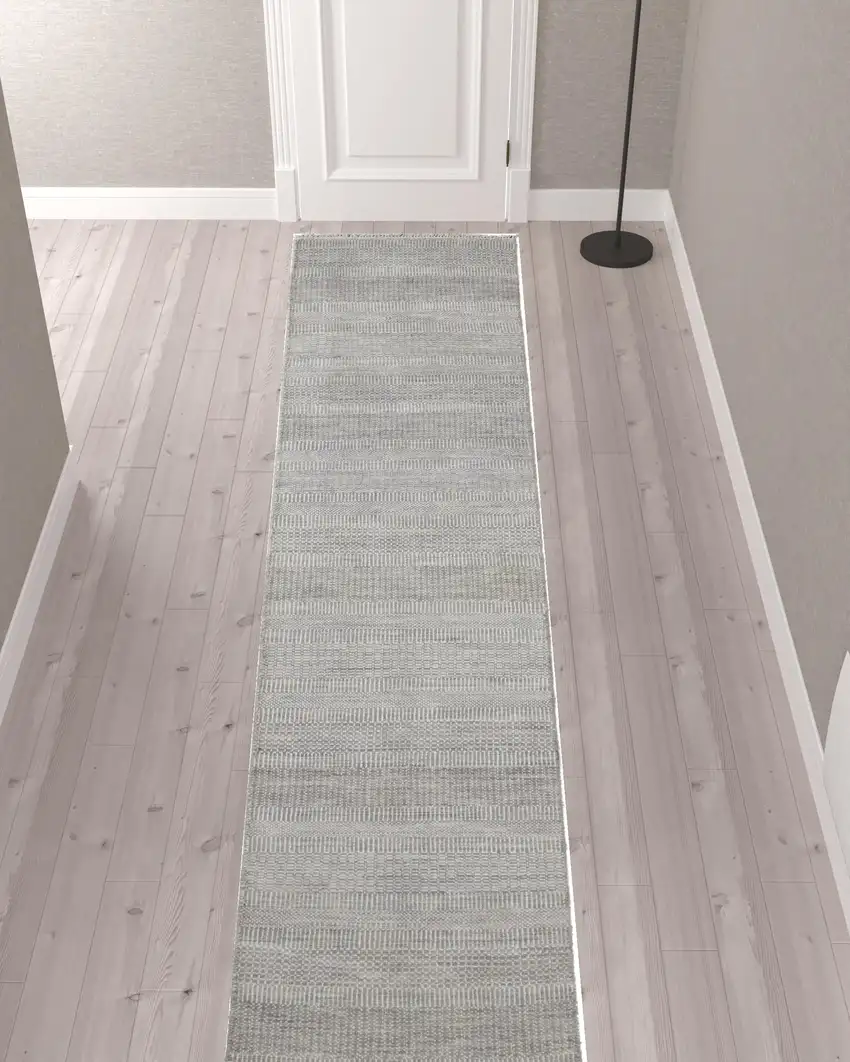 12' Silver Wool Striped Hand Knotted Runner Rug Photo 2