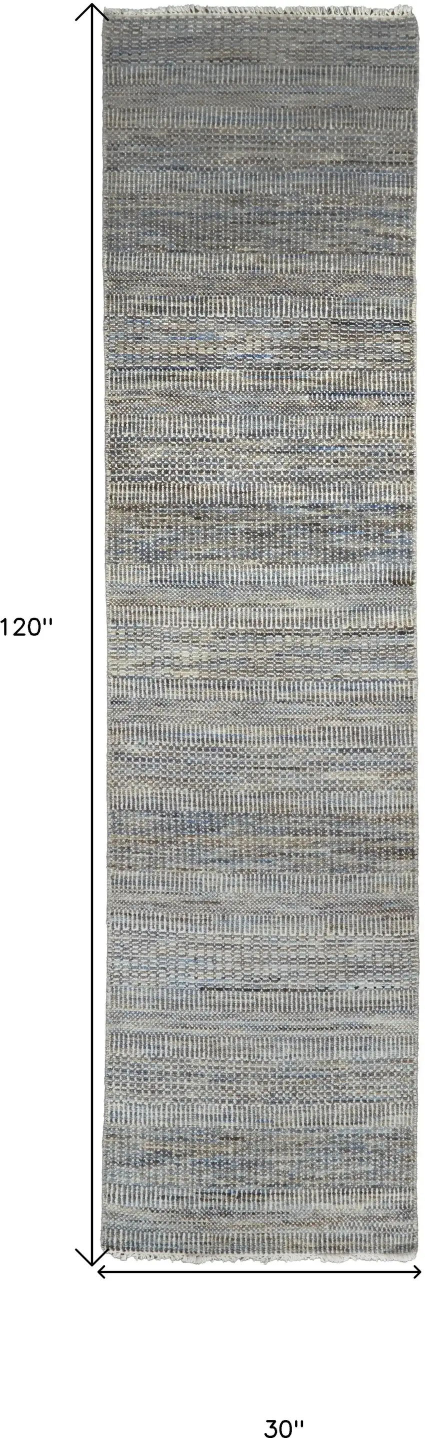 10' Silver Wool Striped Hand Knotted Runner Rug Photo 6
