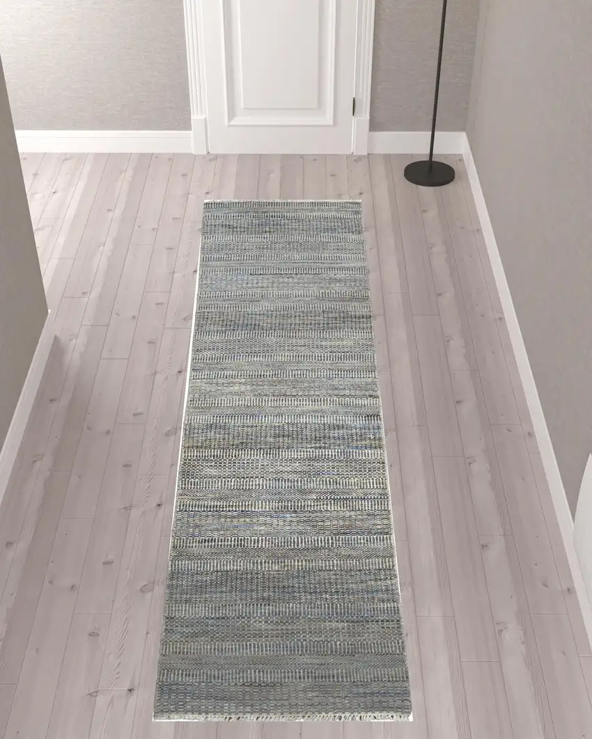 10' Silver Wool Striped Hand Knotted Runner Rug Photo 2