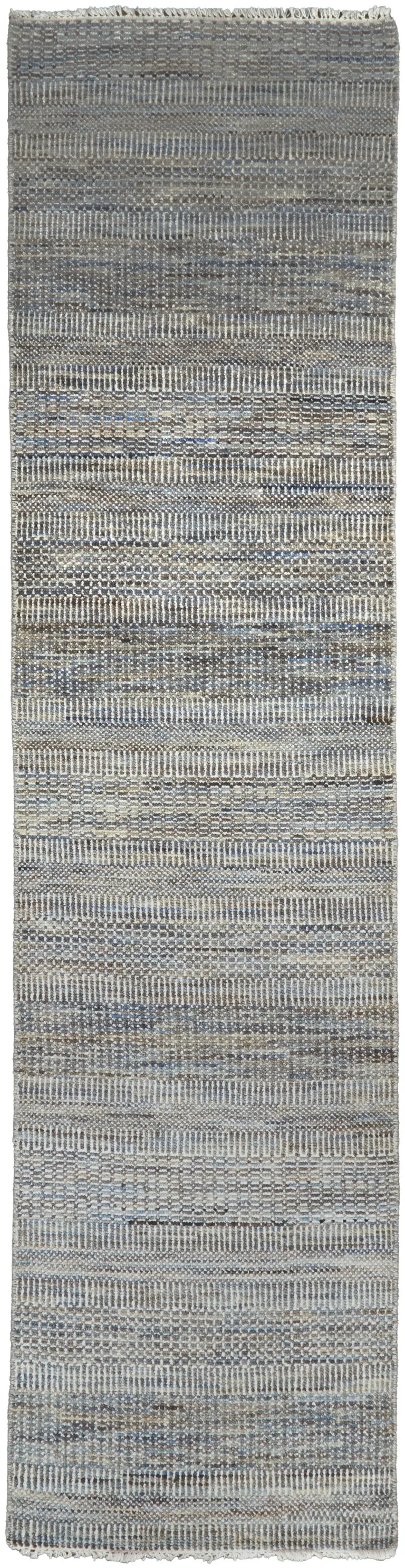 10' Silver Wool Striped Hand Knotted Runner Rug Photo 1