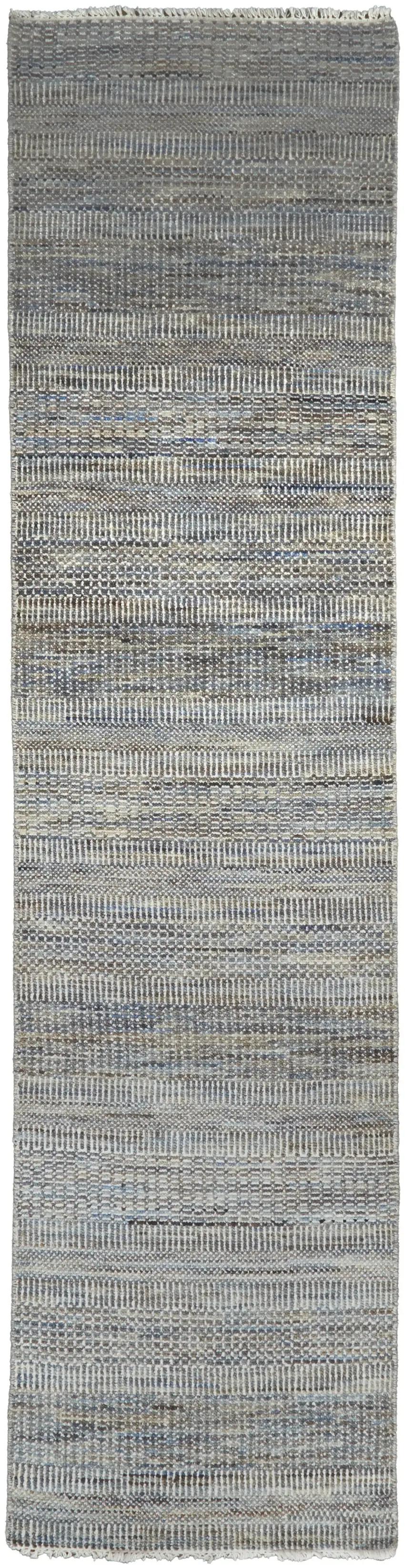 10' Silver Wool Striped Hand Knotted Runner Rug Photo 1