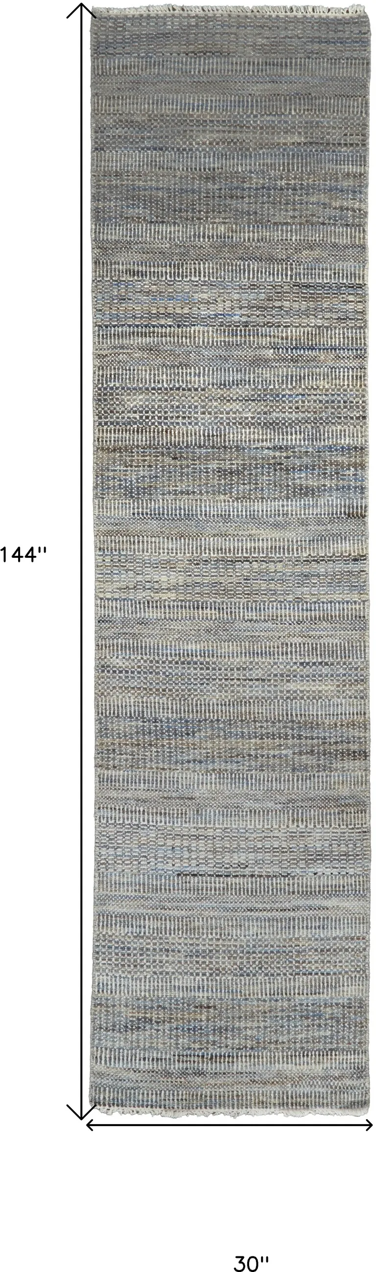 12' Silver Wool Striped Hand Knotted Runner Rug Photo 5