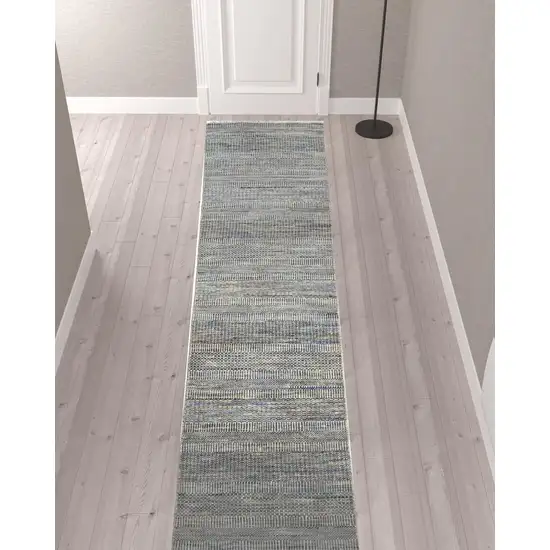 12' Silver Wool Striped Hand Knotted Runner Rug Photo 2