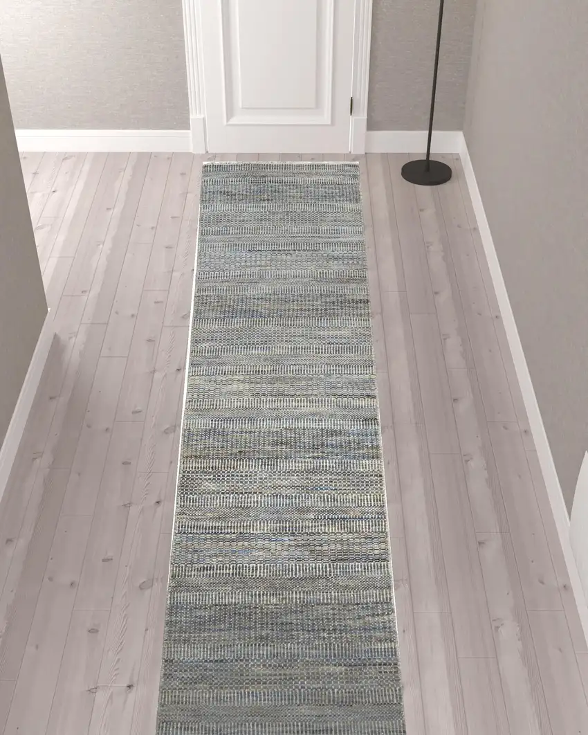 12' Silver Wool Striped Hand Knotted Runner Rug Photo 2