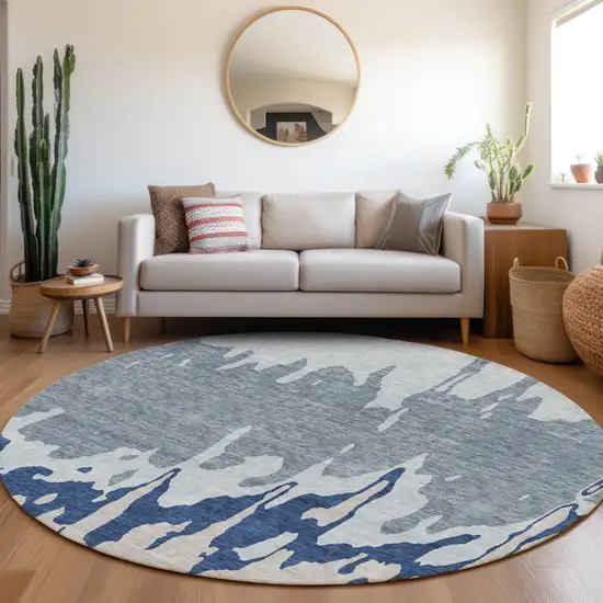 8' Sky Blue And Beige Abstract Washable Round Rug With UV Protection Photo 4
