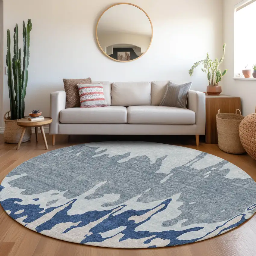 8' Sky Blue And Beige Abstract Washable Round Rug With UV Protection Photo 4