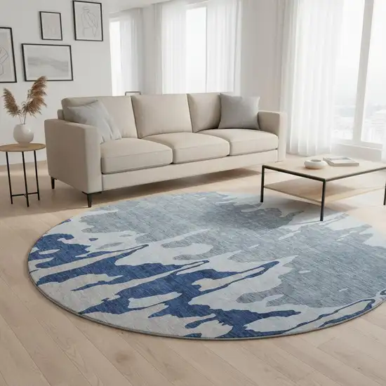 8' Sky Blue And Beige Abstract Washable Round Rug With UV Protection Photo 2