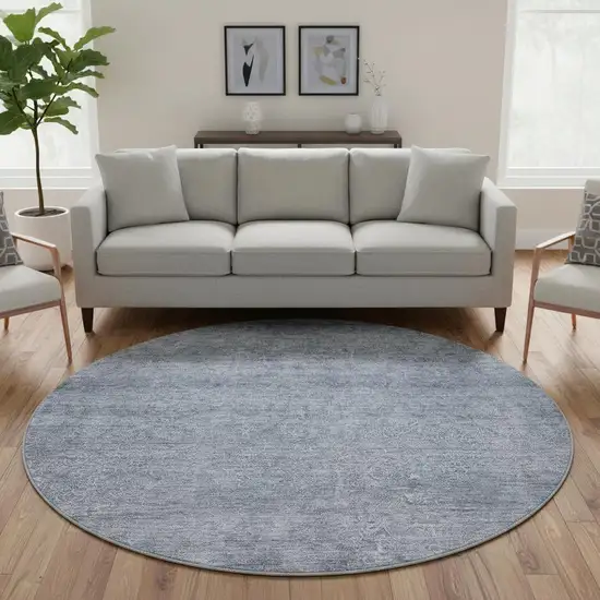 8' Sky Blue And Beige Abstract Washable Round Rug With UV Protection Photo 2