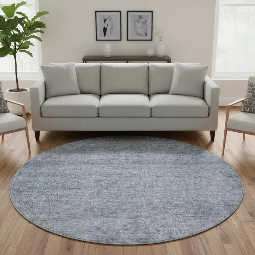 8' Sky Blue And Beige Abstract Washable Round Rug With UV Protection Photo 2