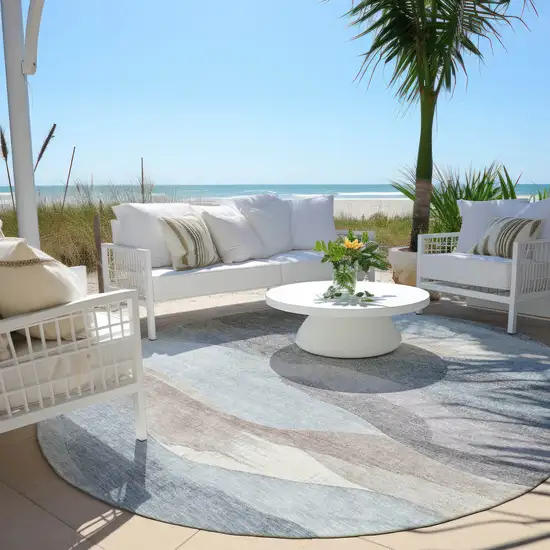 8' Sky Blue And Beige Round Abstract Washable Indoor Outdoor Area Rug Photo 6