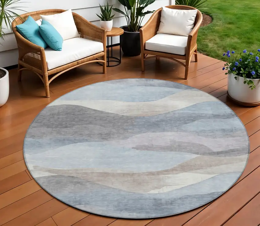 8' Sky Blue And Beige Round Abstract Washable Indoor Outdoor Area Rug Photo 2