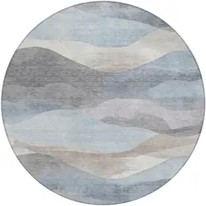 Photo of 8' Sky Blue And Beige Round Abstract Washable Indoor Outdoor Area Rug